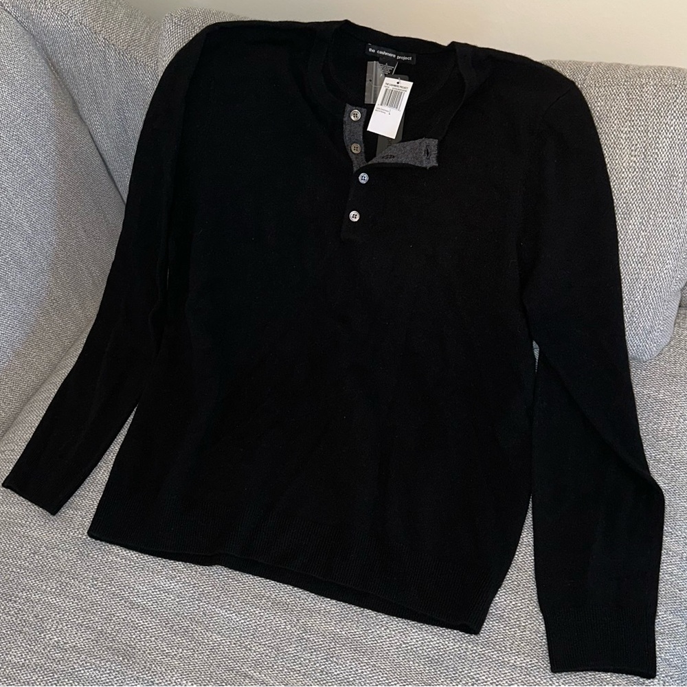 The Cashmere Project - Black Cashmere Henley with Gray Contrast - New Size Large